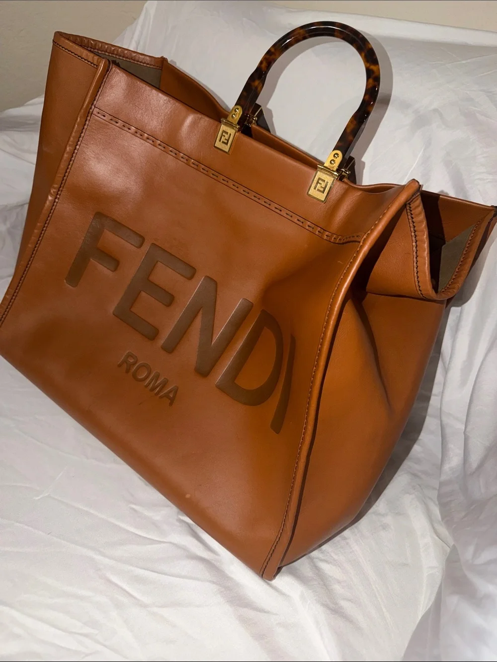 Fendi Cognac Leather ROMA Tote with Tortoiseshell Handles